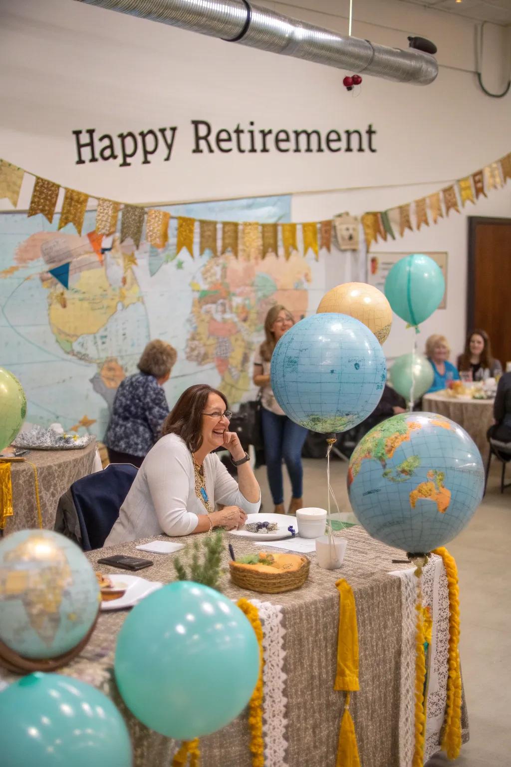 Travel-inspired decorations celebrate the retiree’s future adventures.