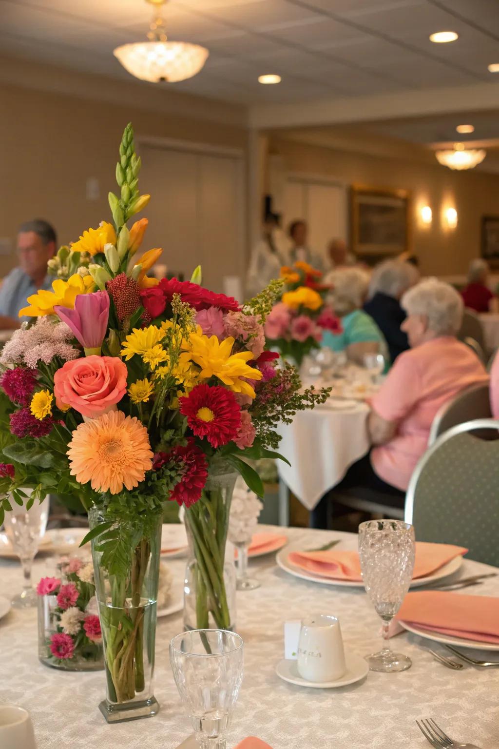 Floral centerpieces add sophistication and freshness to the tables.