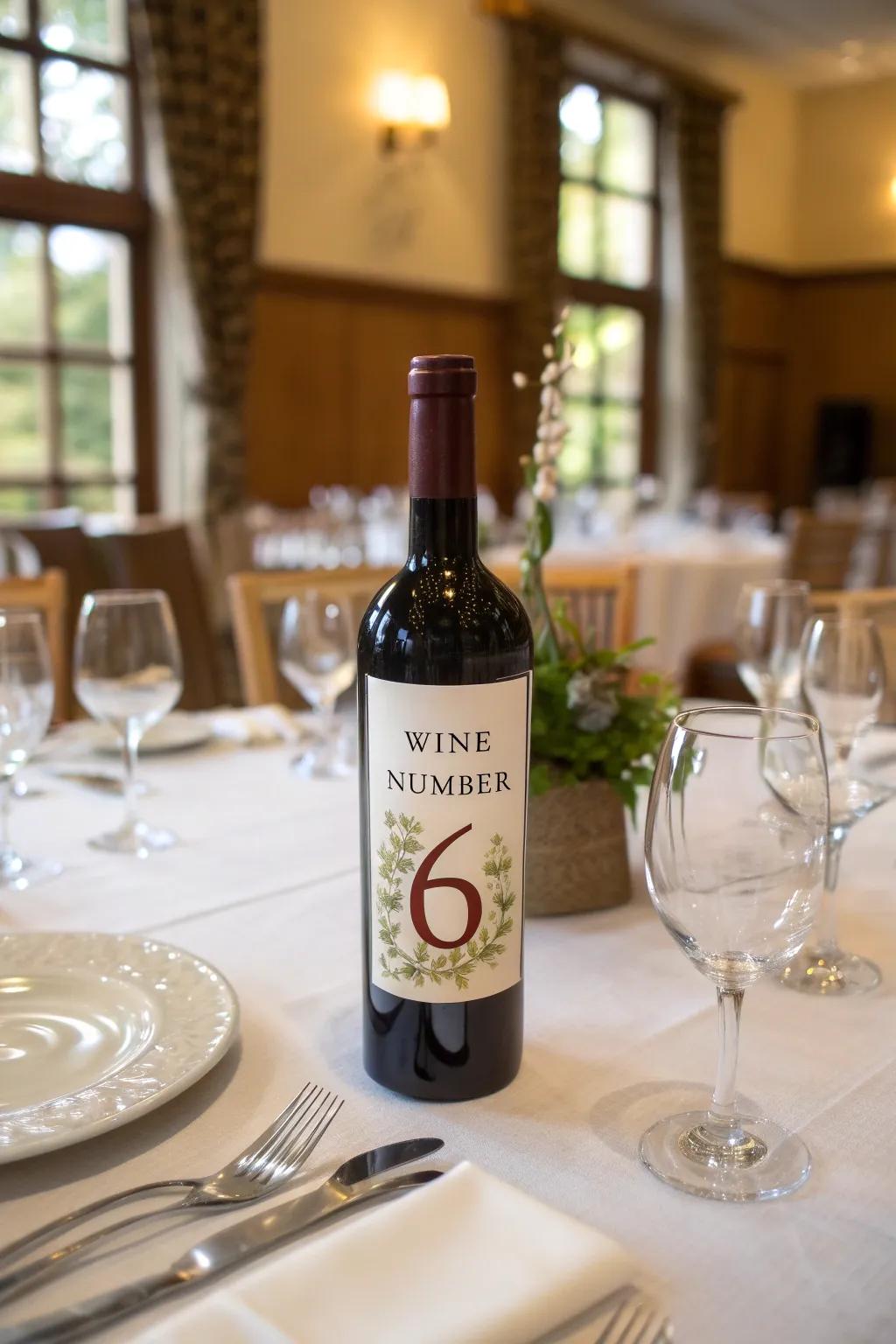 Custom table markers made from wine bottles add a unique flair.
