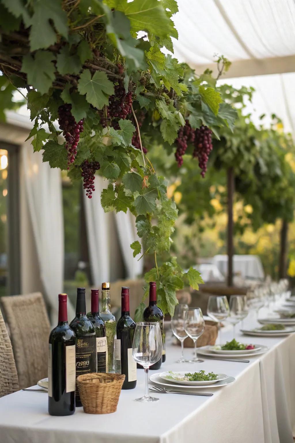 Grapevine decorations evoke the essence of a vineyard.