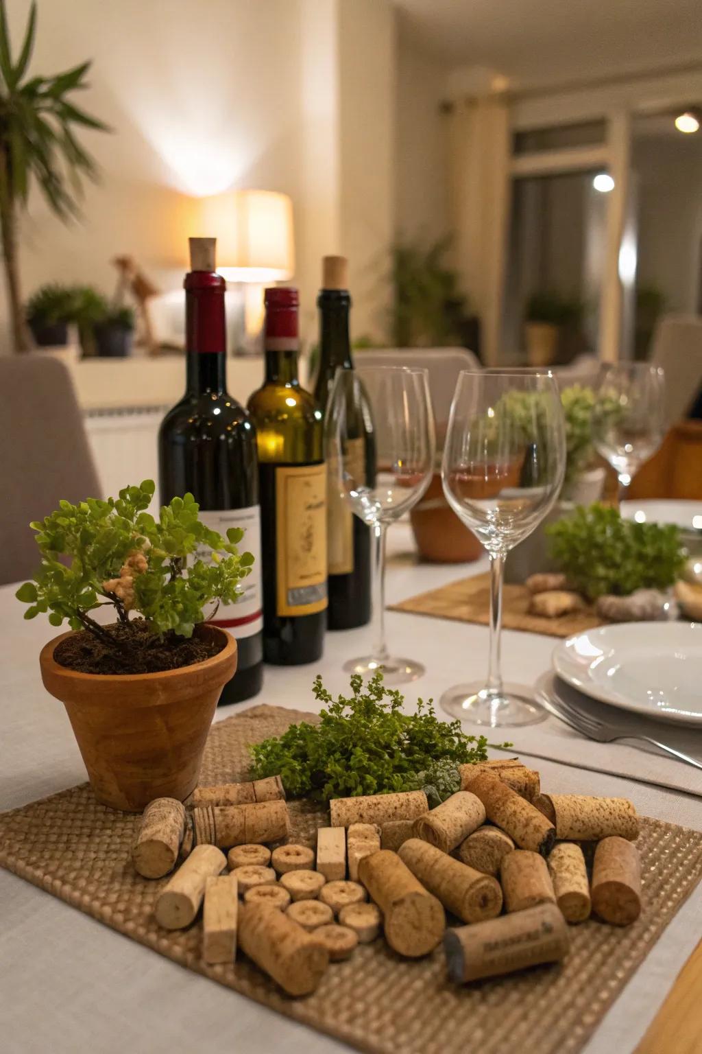 Cork decorations add a whimsical charm to wine tables.