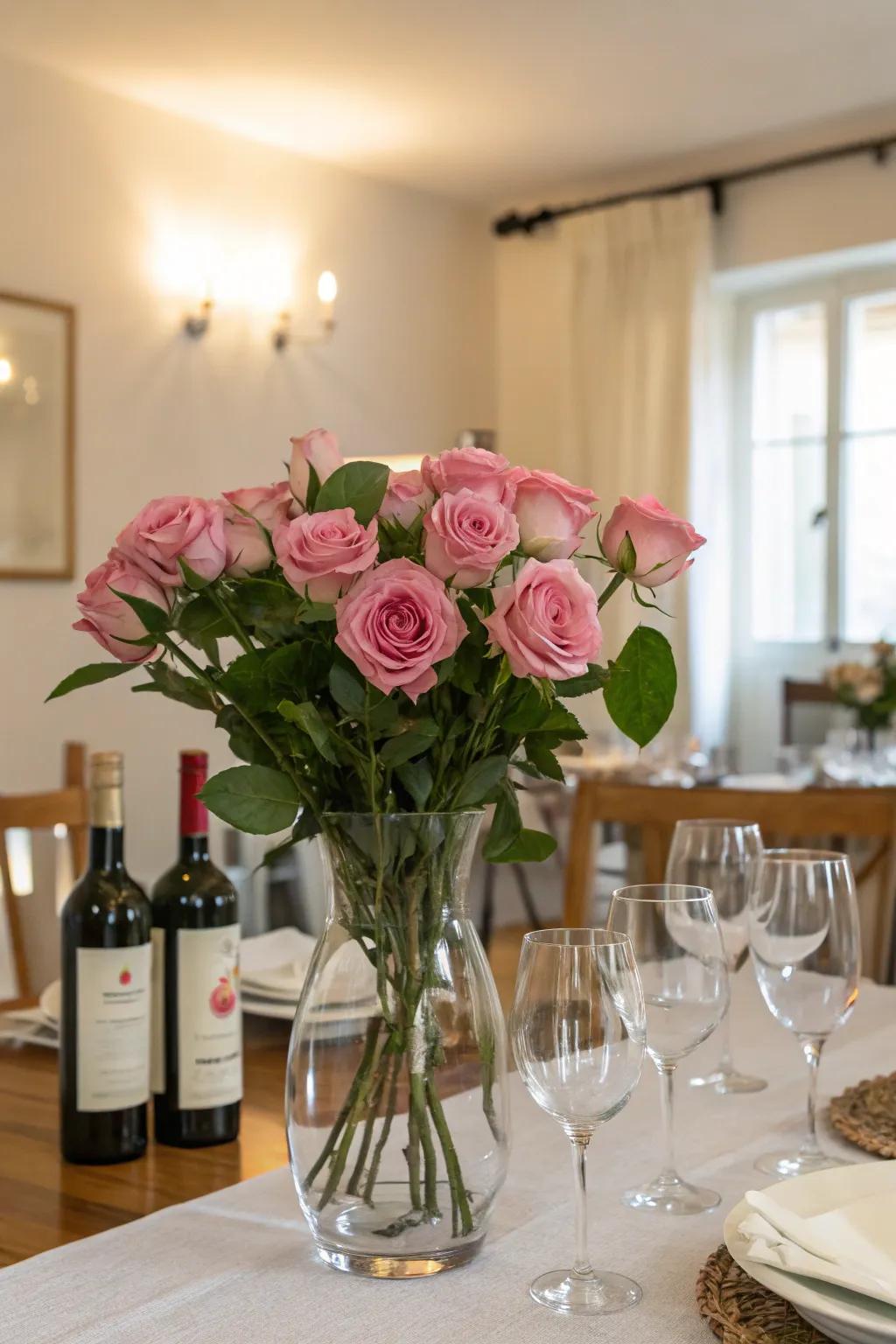Elegant floral arrangements enhance wine table aesthetics.