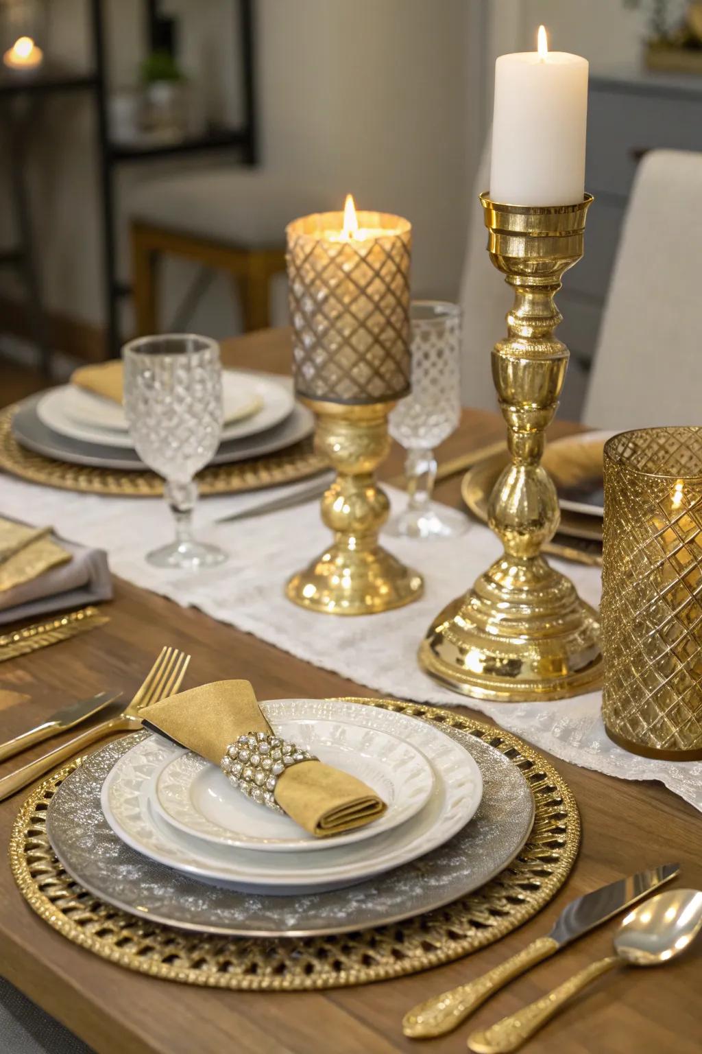 Metallic accents add a luxurious sparkle to wine tables.
