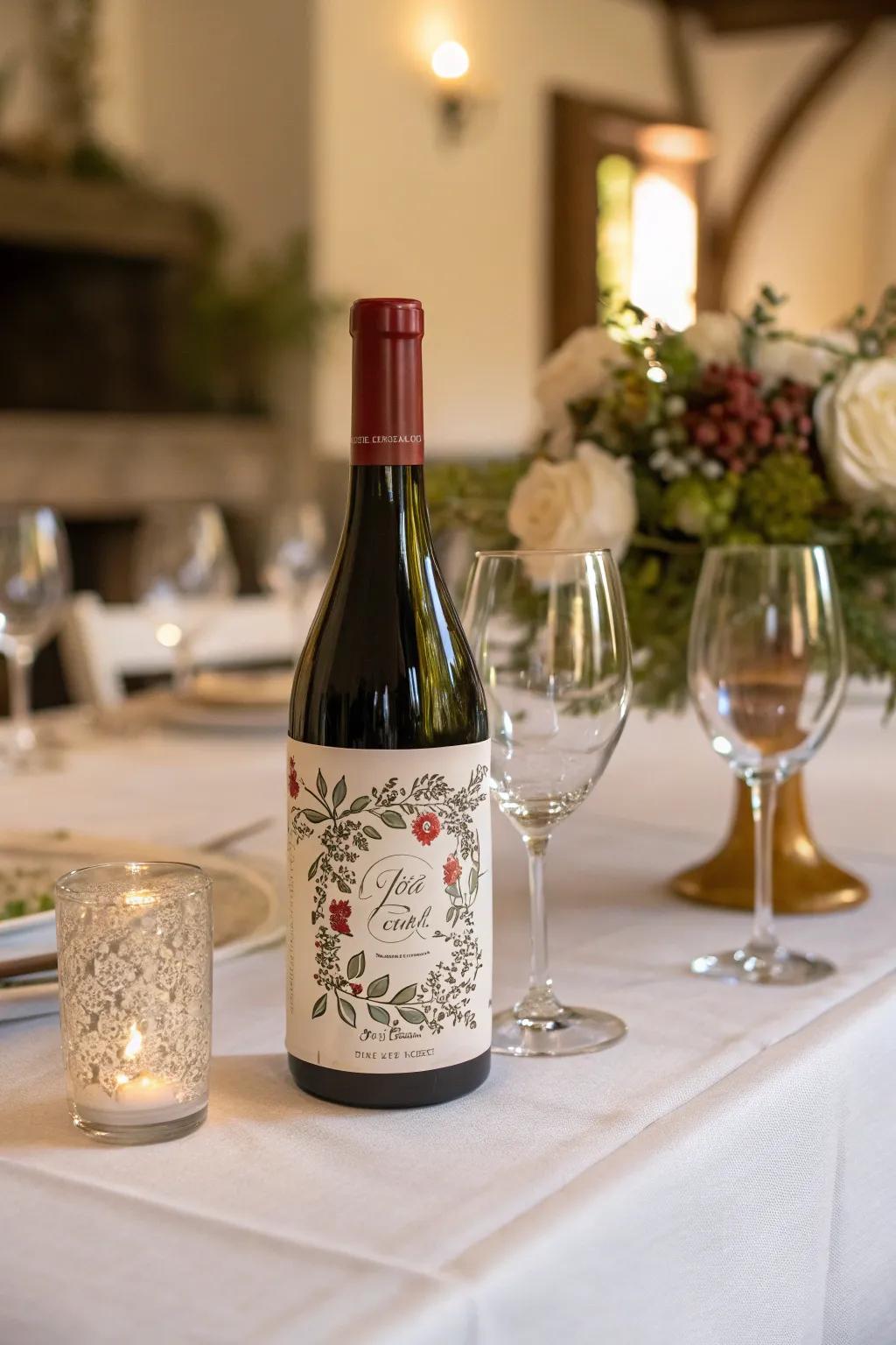 Custom wine bottle stickers add a unique and thoughtful detail.