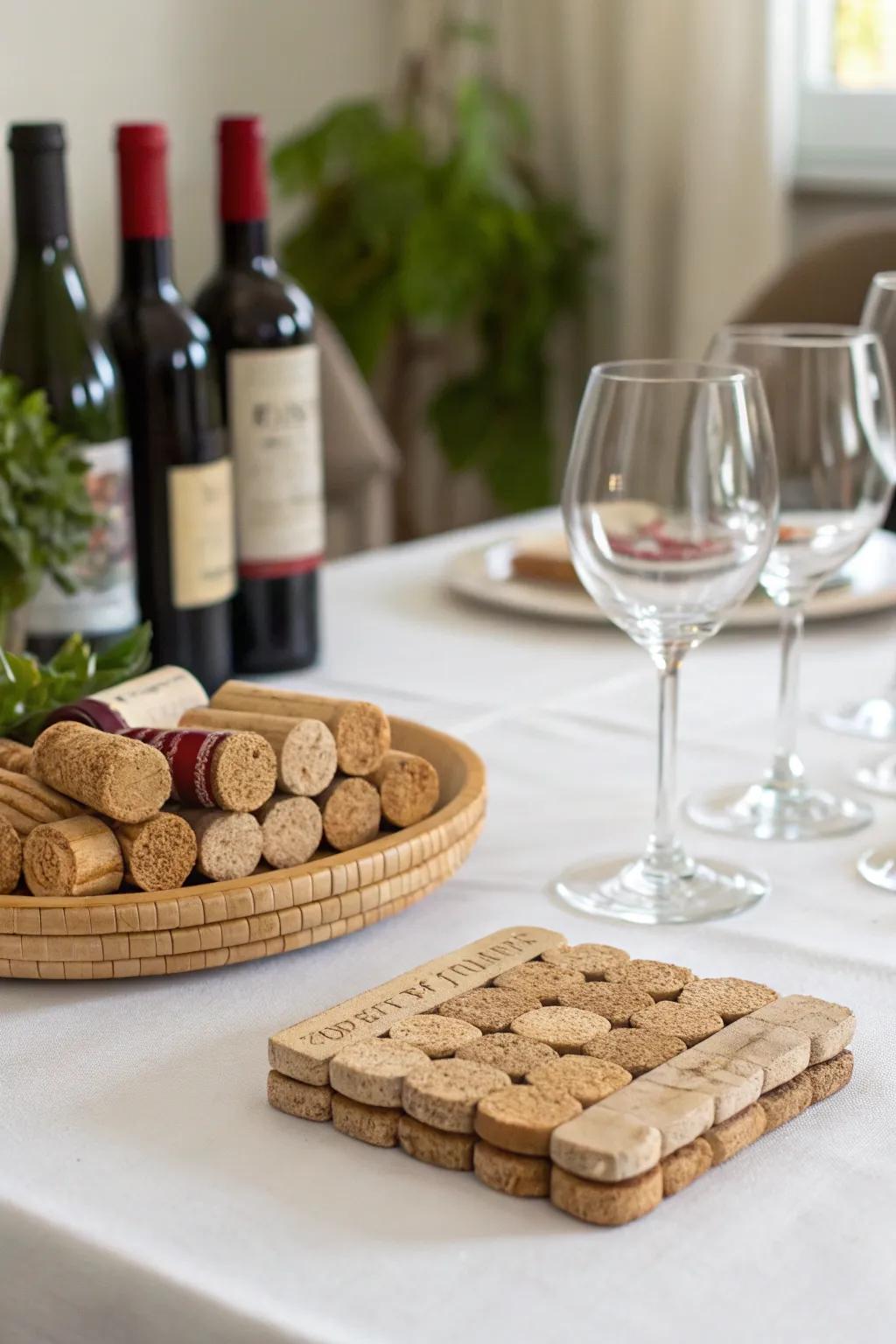 Handmade wine stopper coasters add a unique, personal flair.