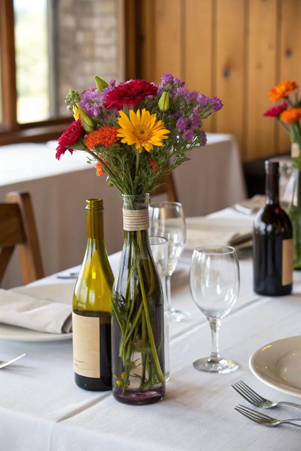 Wine bottles transformed into stylish flower holders.
