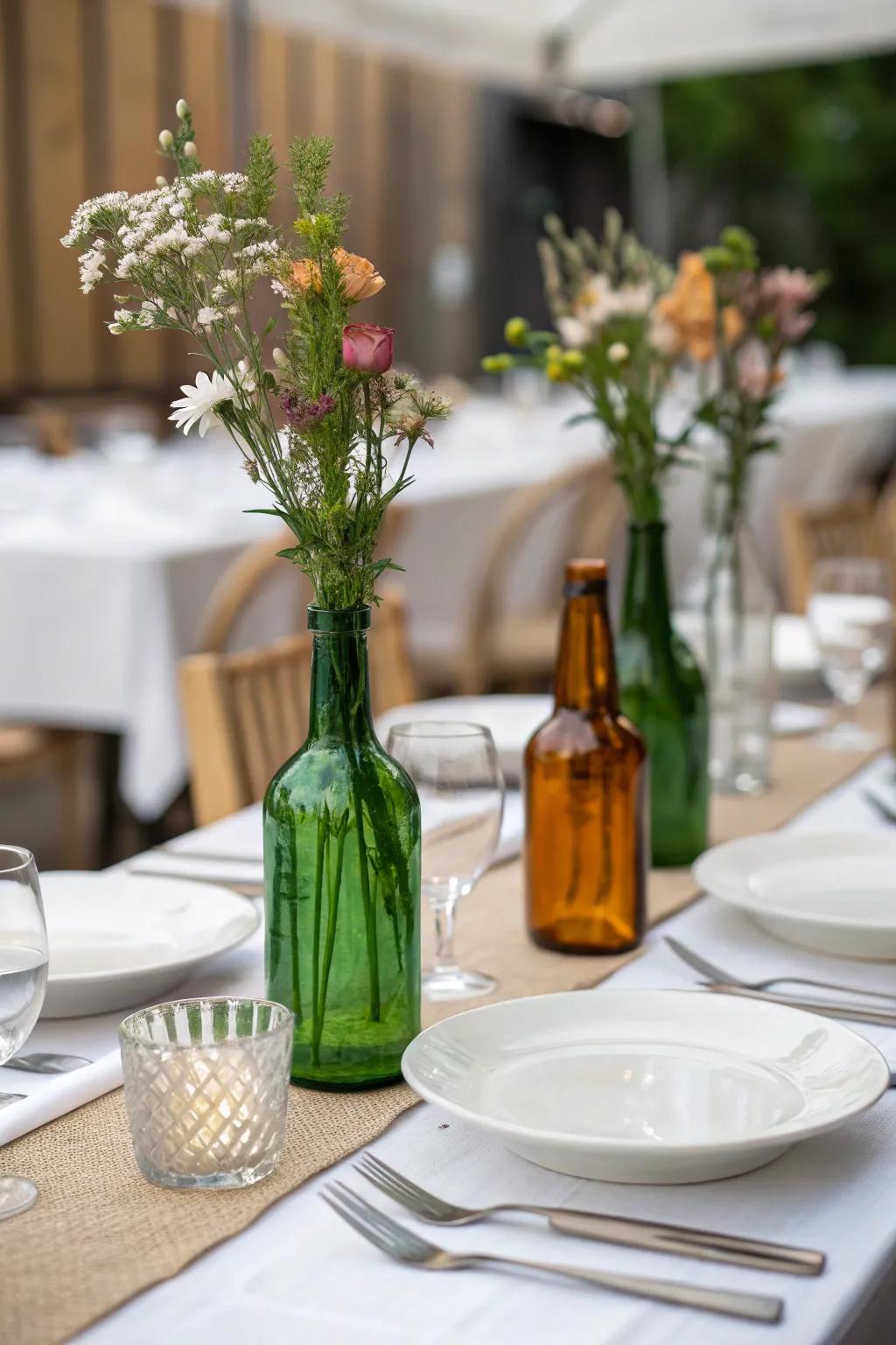 Colored glass vessels add a lively splash of color to the table.