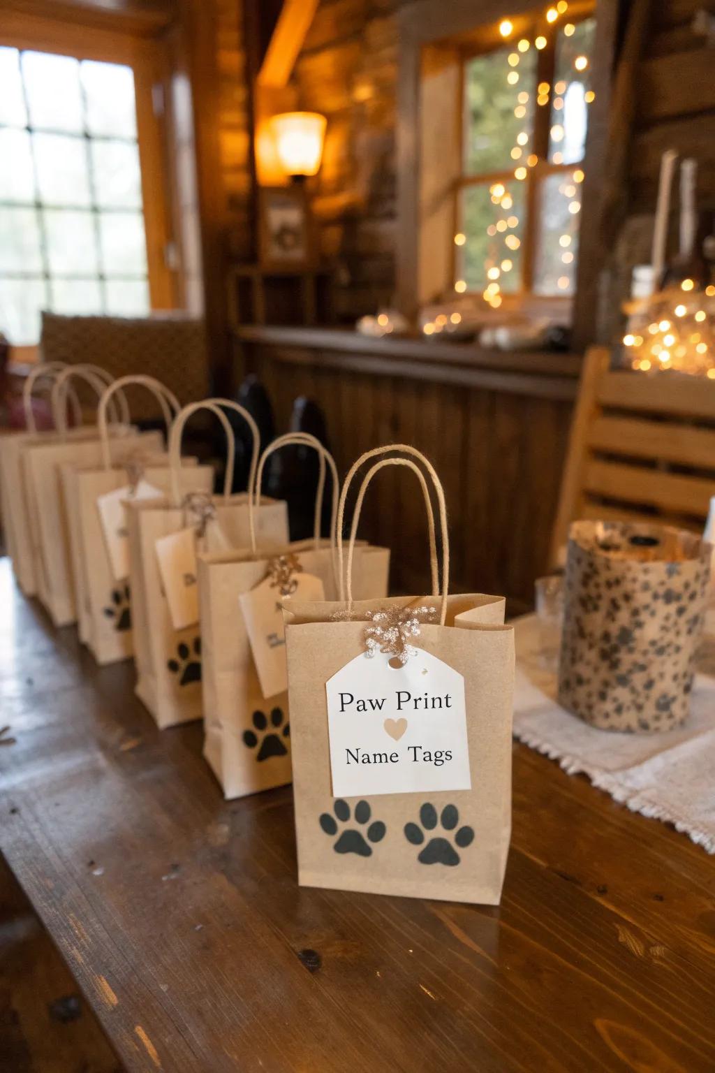 Personalized bags featuring paw prints and name tags.