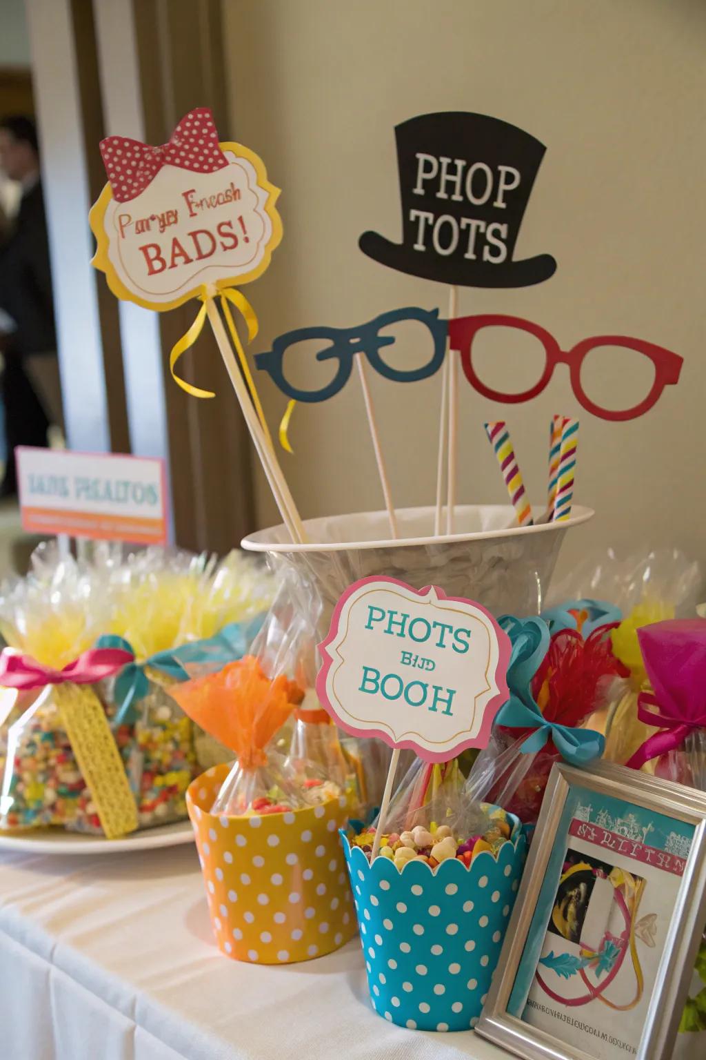 Photo booth props and dog treats for memorable moments.
