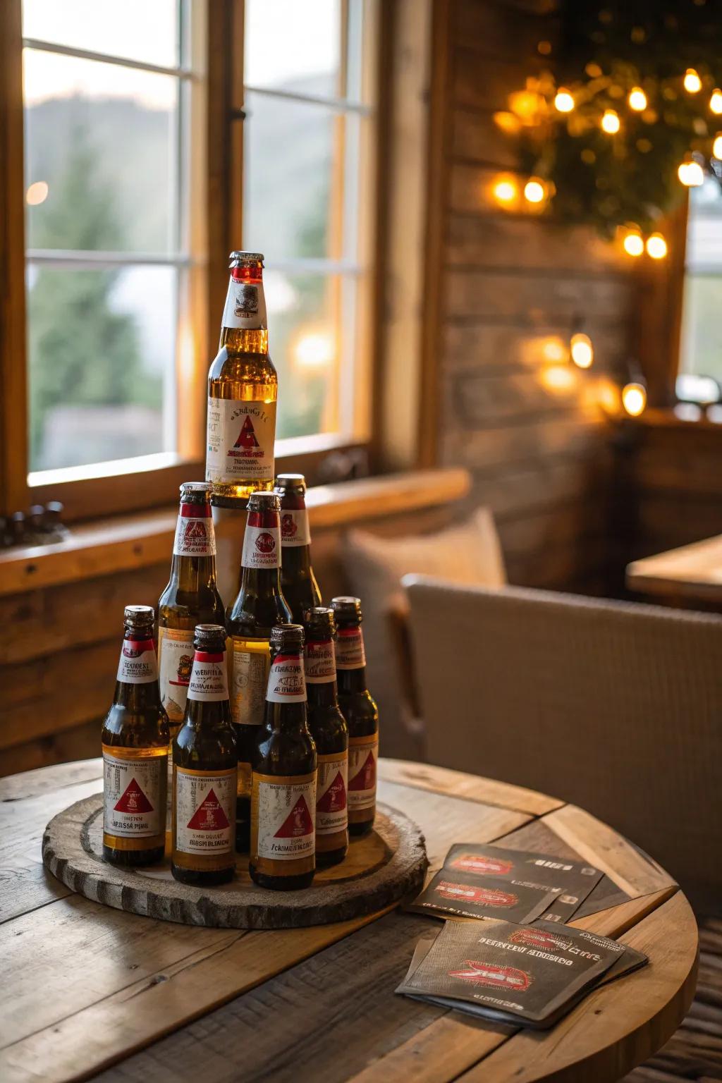 Beer bottles arranged in a captivating pyramid formation.