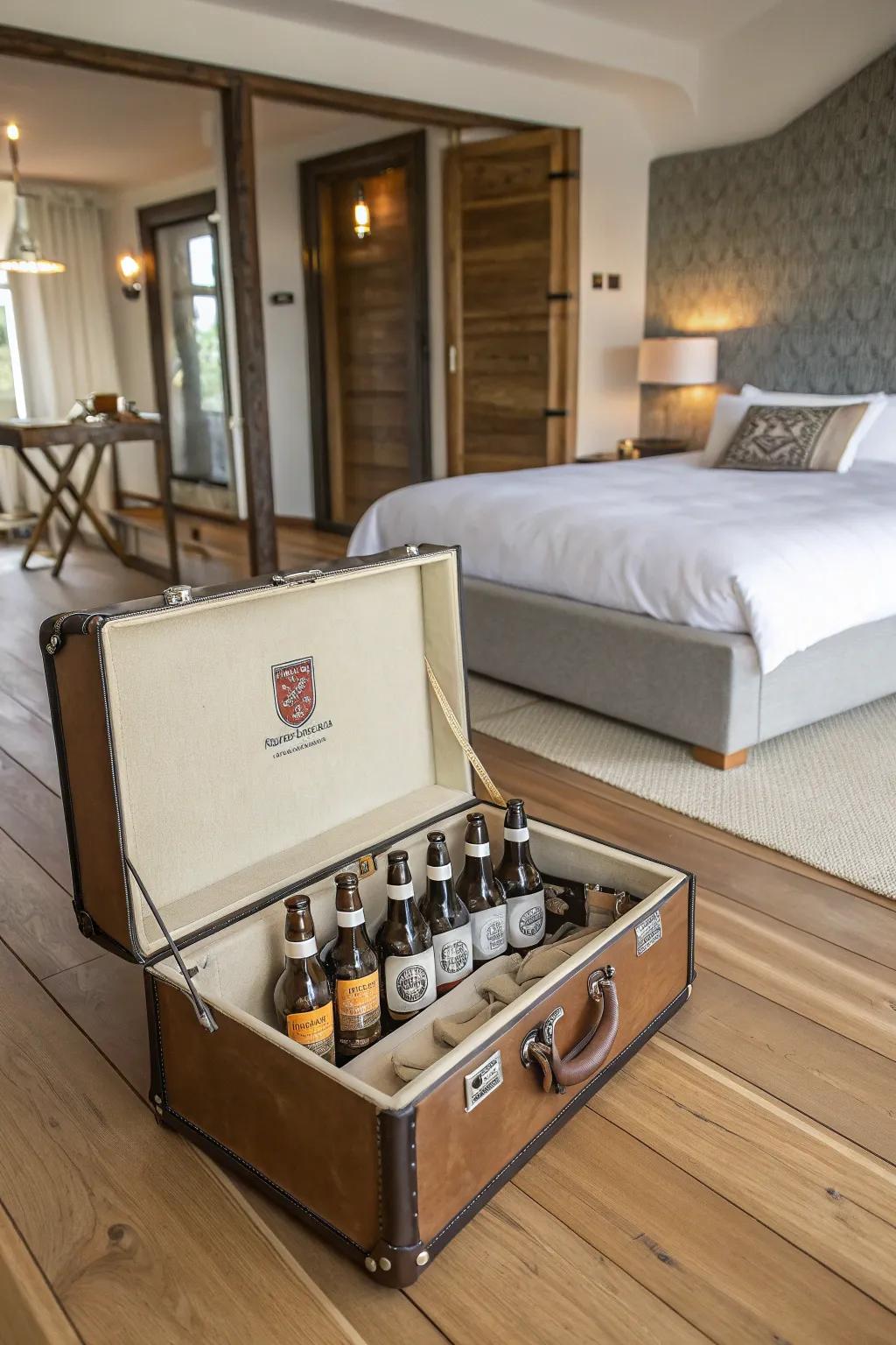 Nostalgic vintage trunk repurposed for beer display.