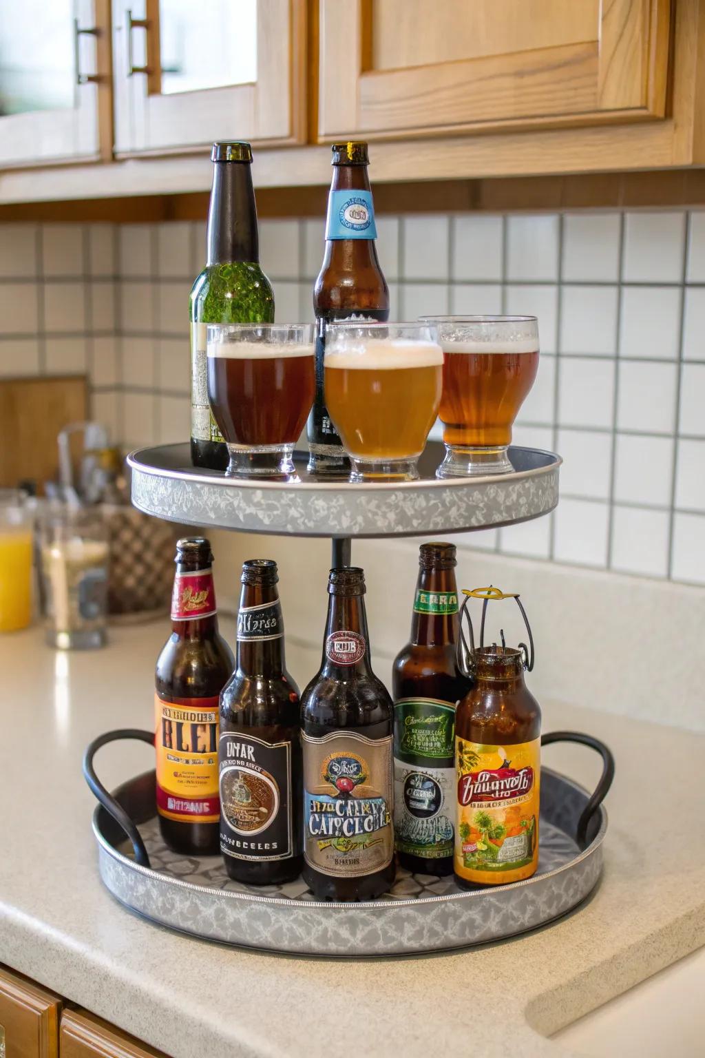 Multi-tiered tray elevating beer presentation.