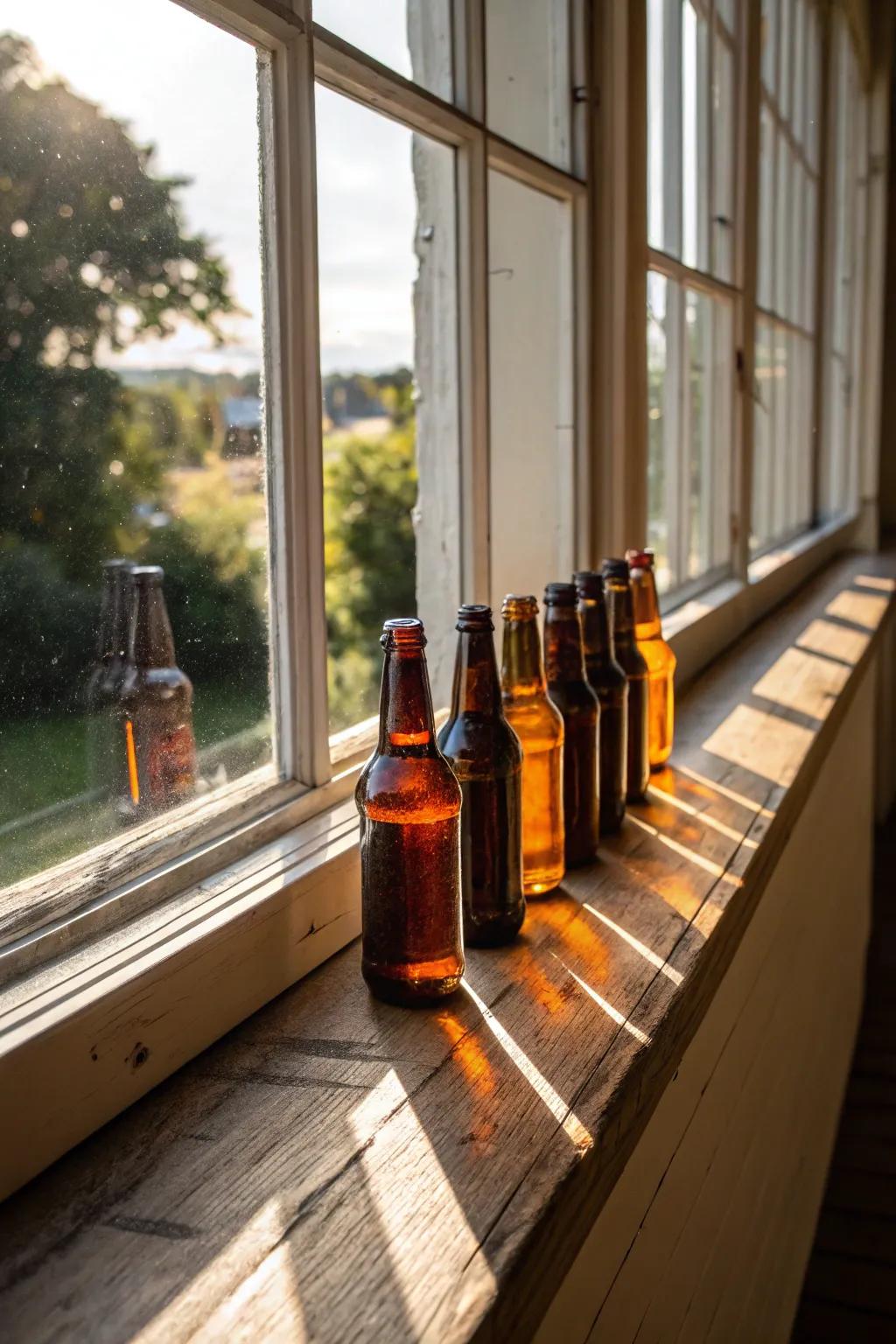 Beer bottles showcased on a window ledge with natural light.