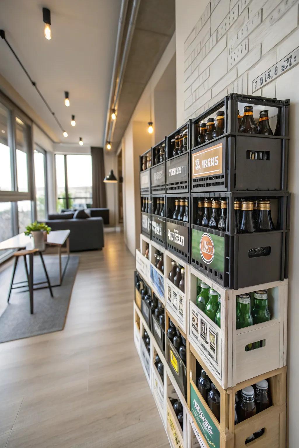 Space-saving wall-mounted box beer display.