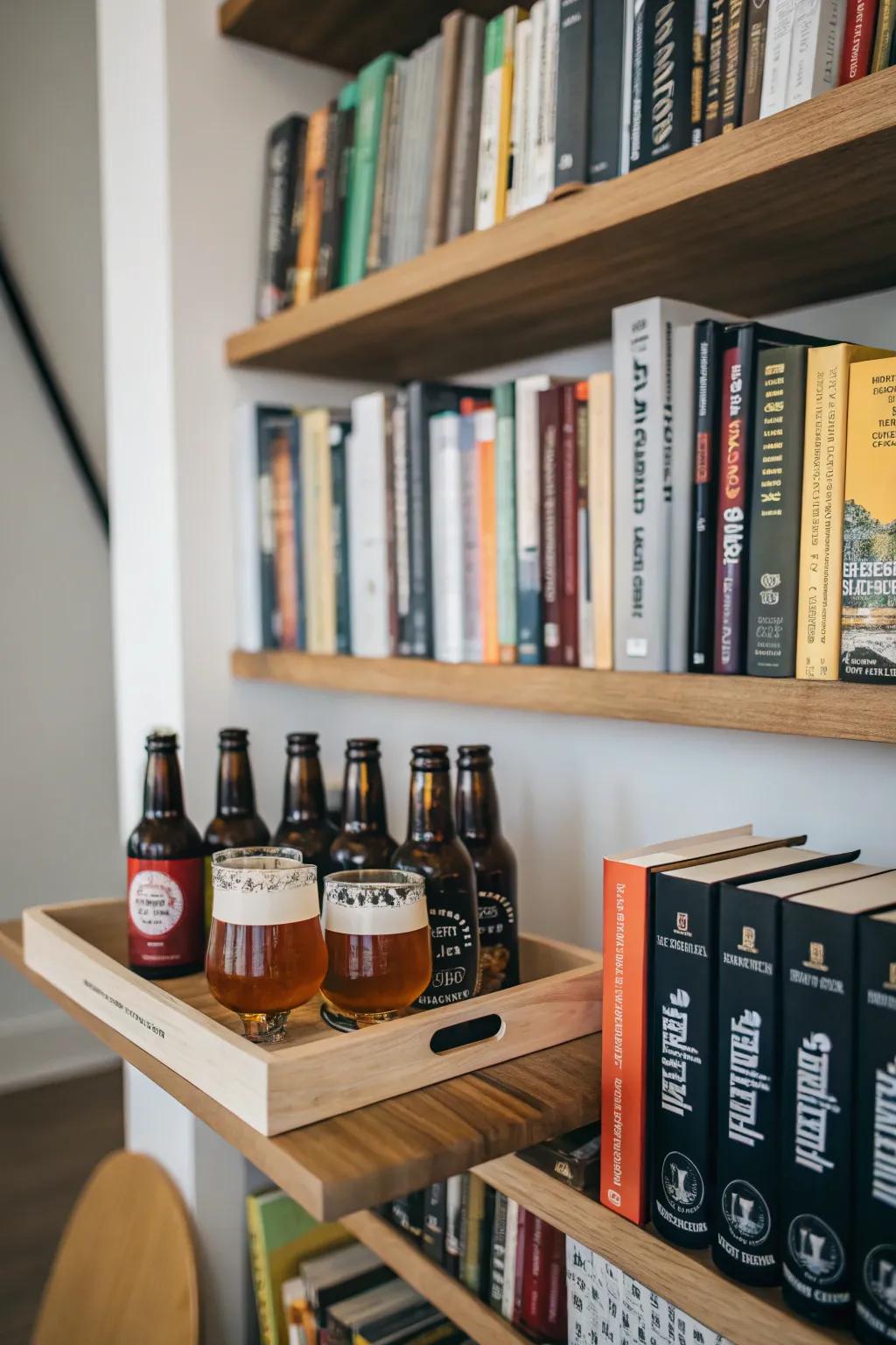 Bookshelf combined with beer display for a cultured vibe.