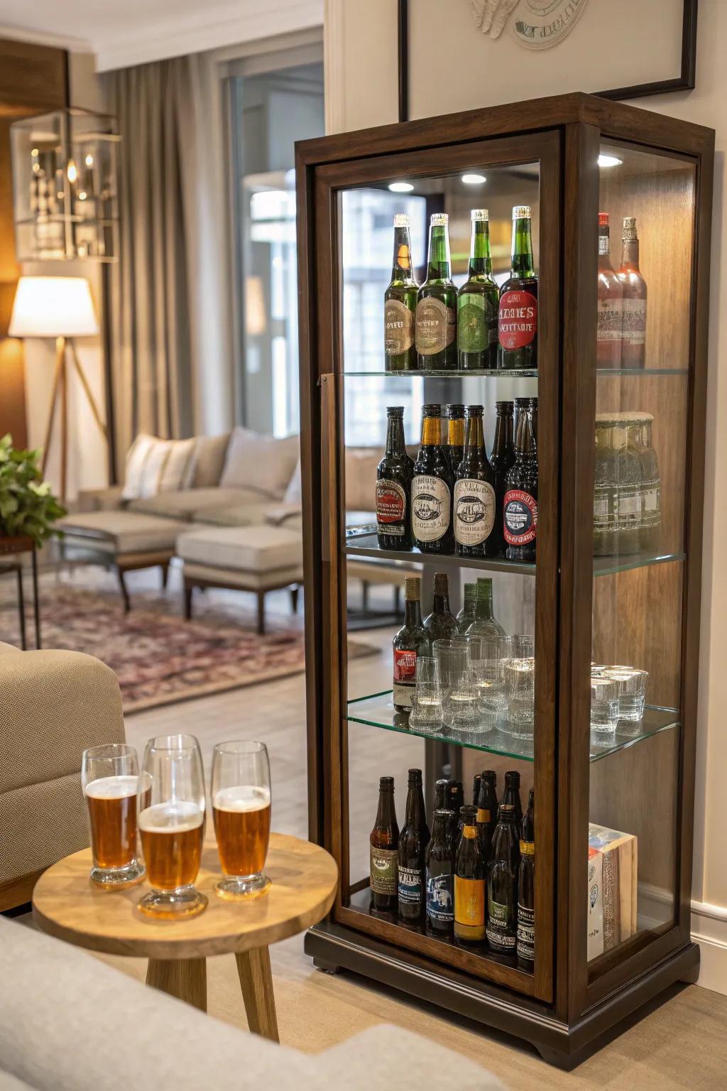 Elegant glass cabinet for displaying beer collections.