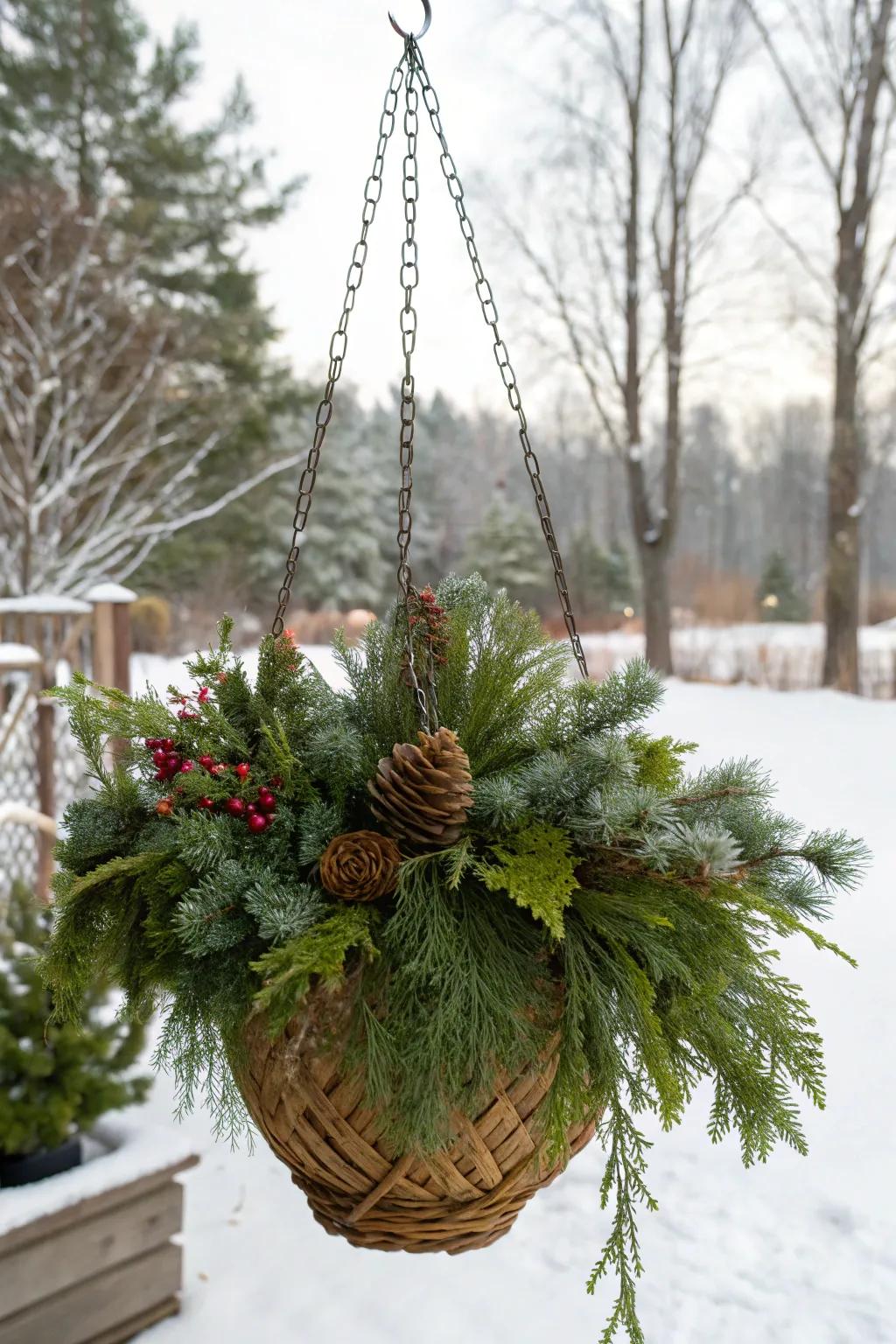 Evergreens bring timeless beauty to winter baskets.