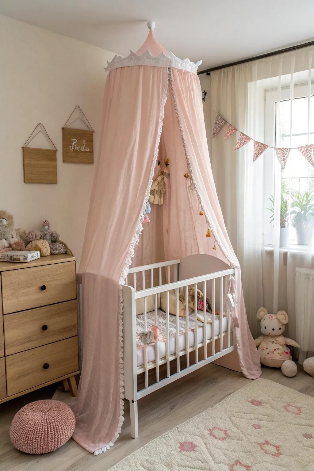 A delicate canopy creates a dreamy nursery atmosphere.