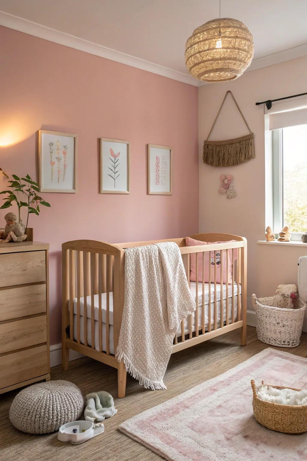 Blush-colored walls create a peaceful nursery environment.