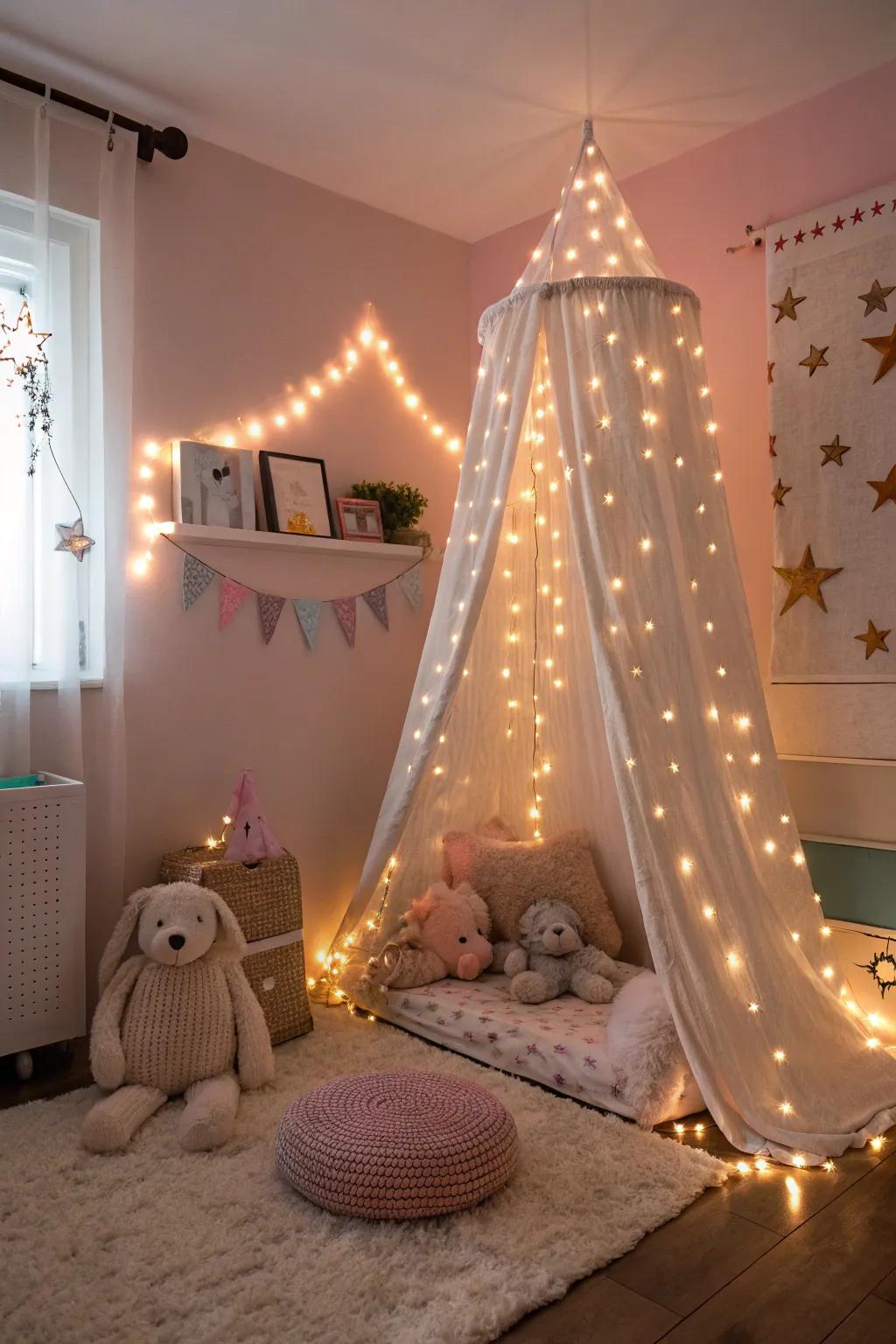 Fairy lights create a cozy and enchanting atmosphere.