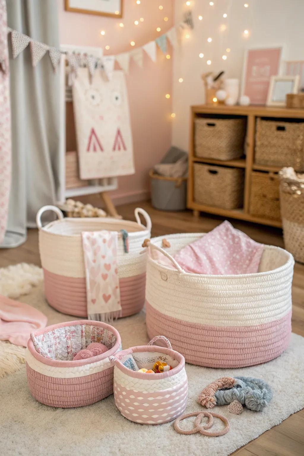 Boho baskets provide practical and attractive storage.