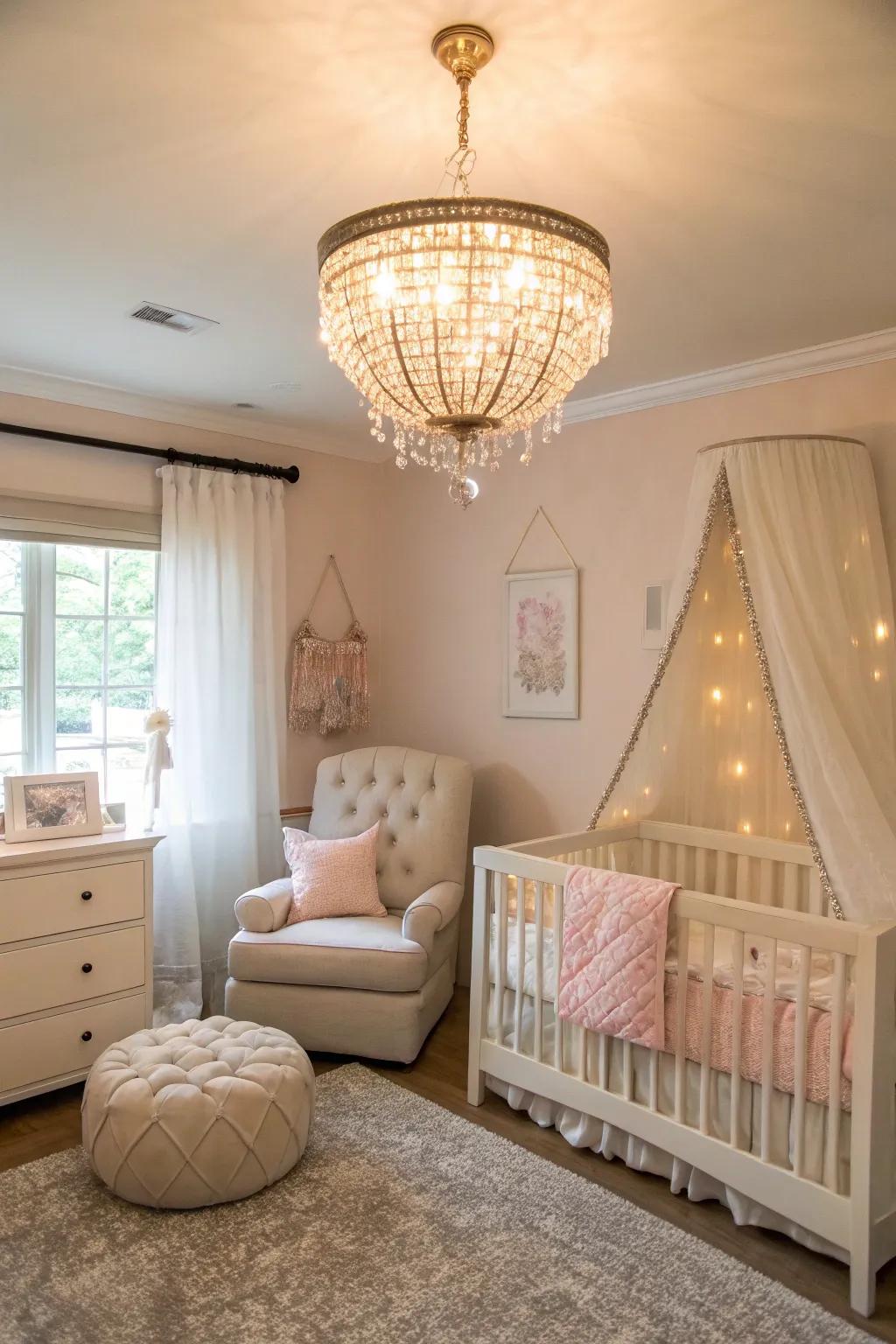 Elegant lighting enhances the nursery’s atmosphere.