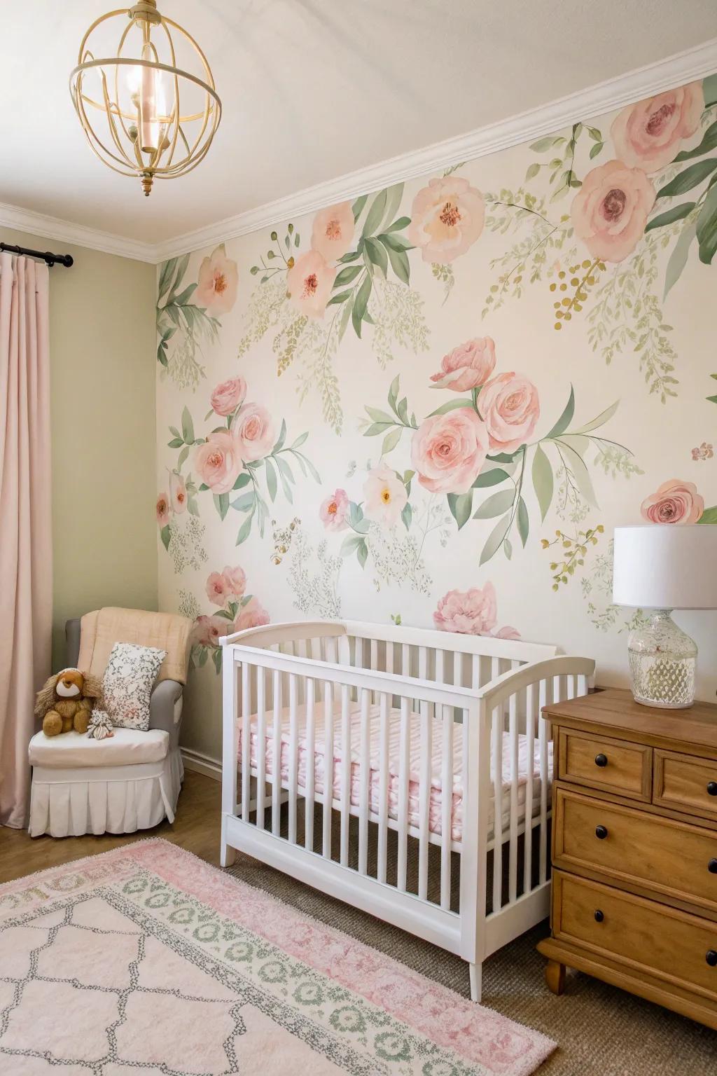 Floral accent wall adds charm and depth.