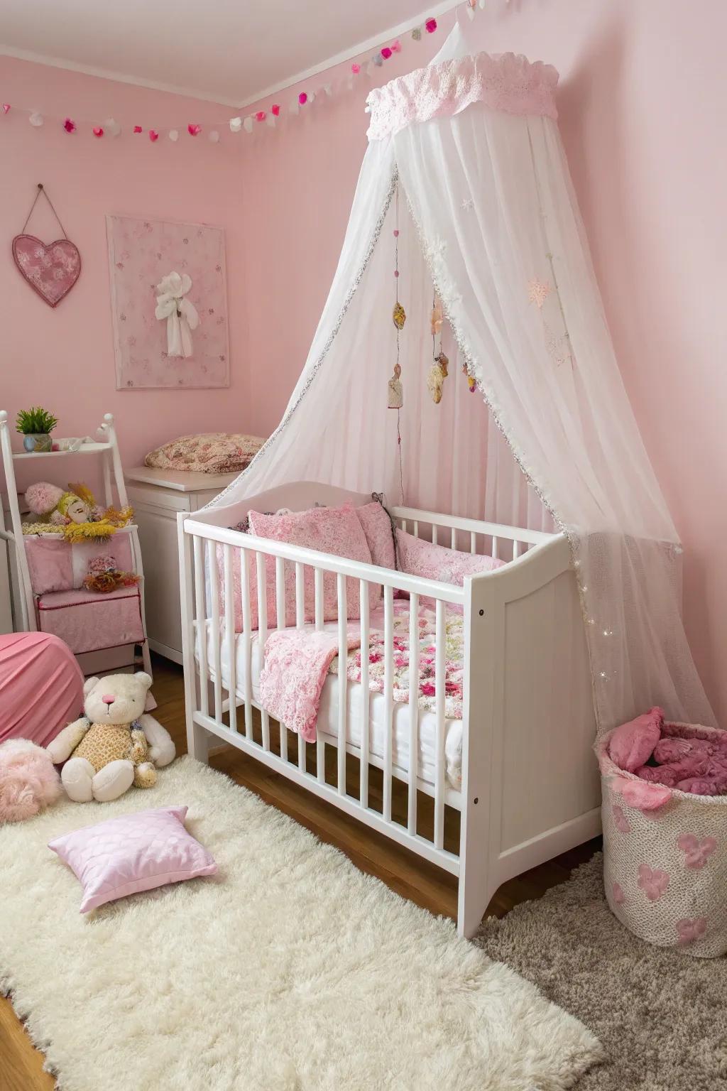 A white infant bed serves as a classic centerpiece within the nursery.