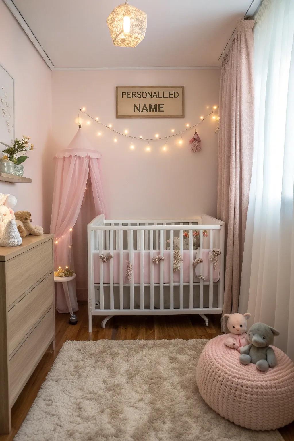 Personalized name sign adds a unique nursery feature.