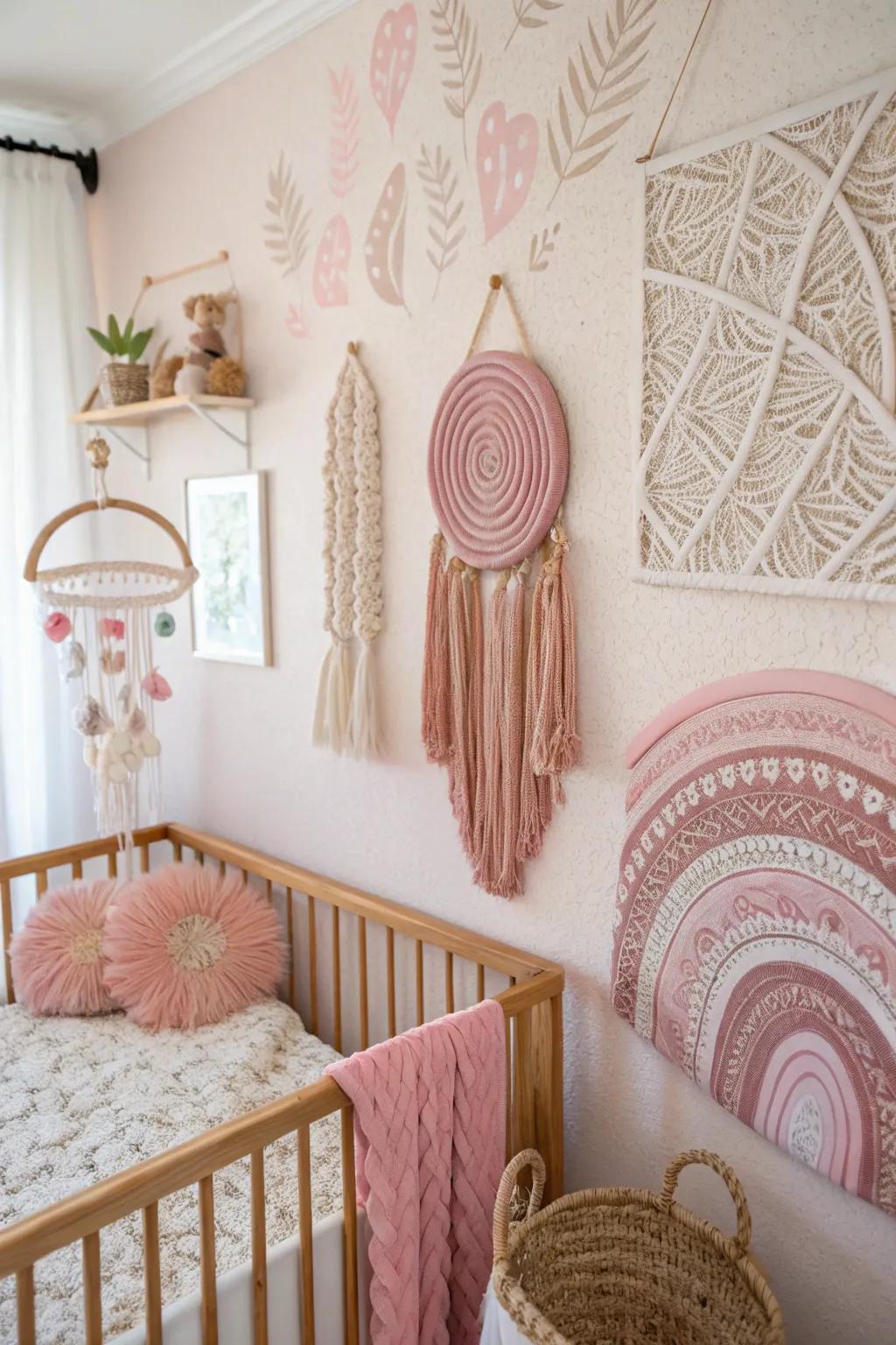 Boho-chic wall hangings add texture and coziness.