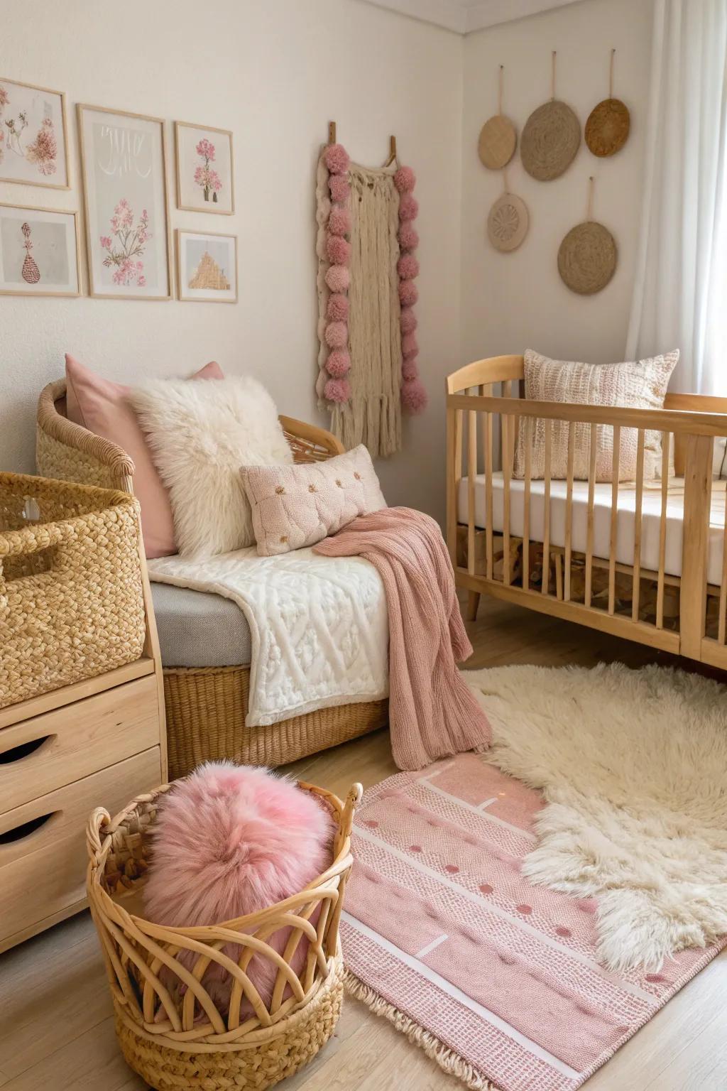 Layered textures create a cozy and elegant nursery.