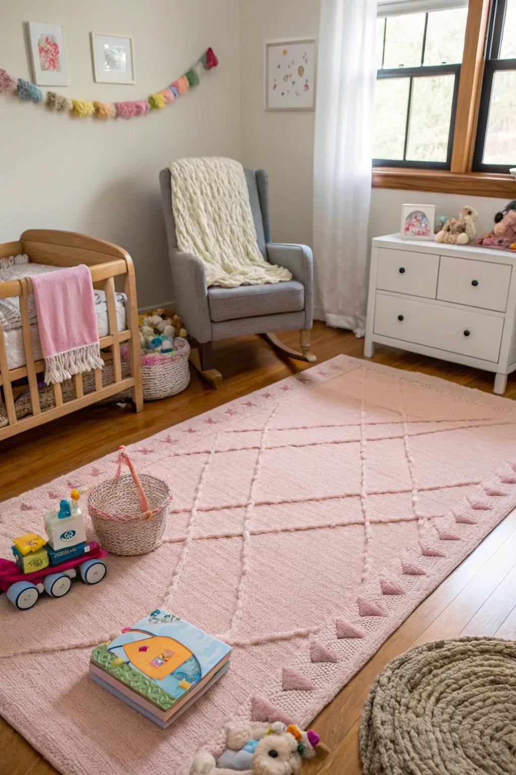 A deluxe blush floor covering introduces comfort and flair to the nursery floor.