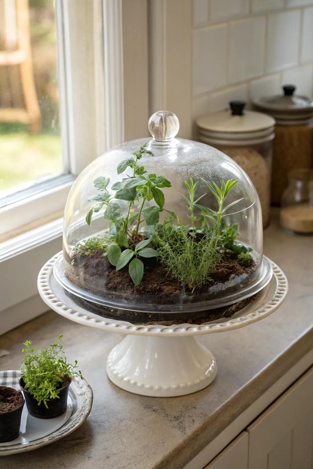 Create a mini greenhouse for your indoor plants under a glass dome.