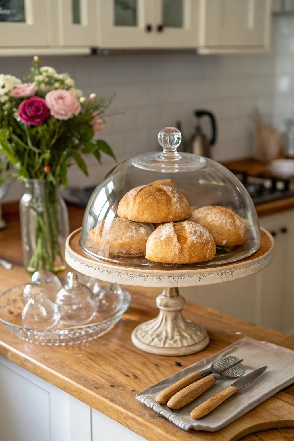 Elevate your kitchen decor by showcasing artisanal foods under a glass dome.