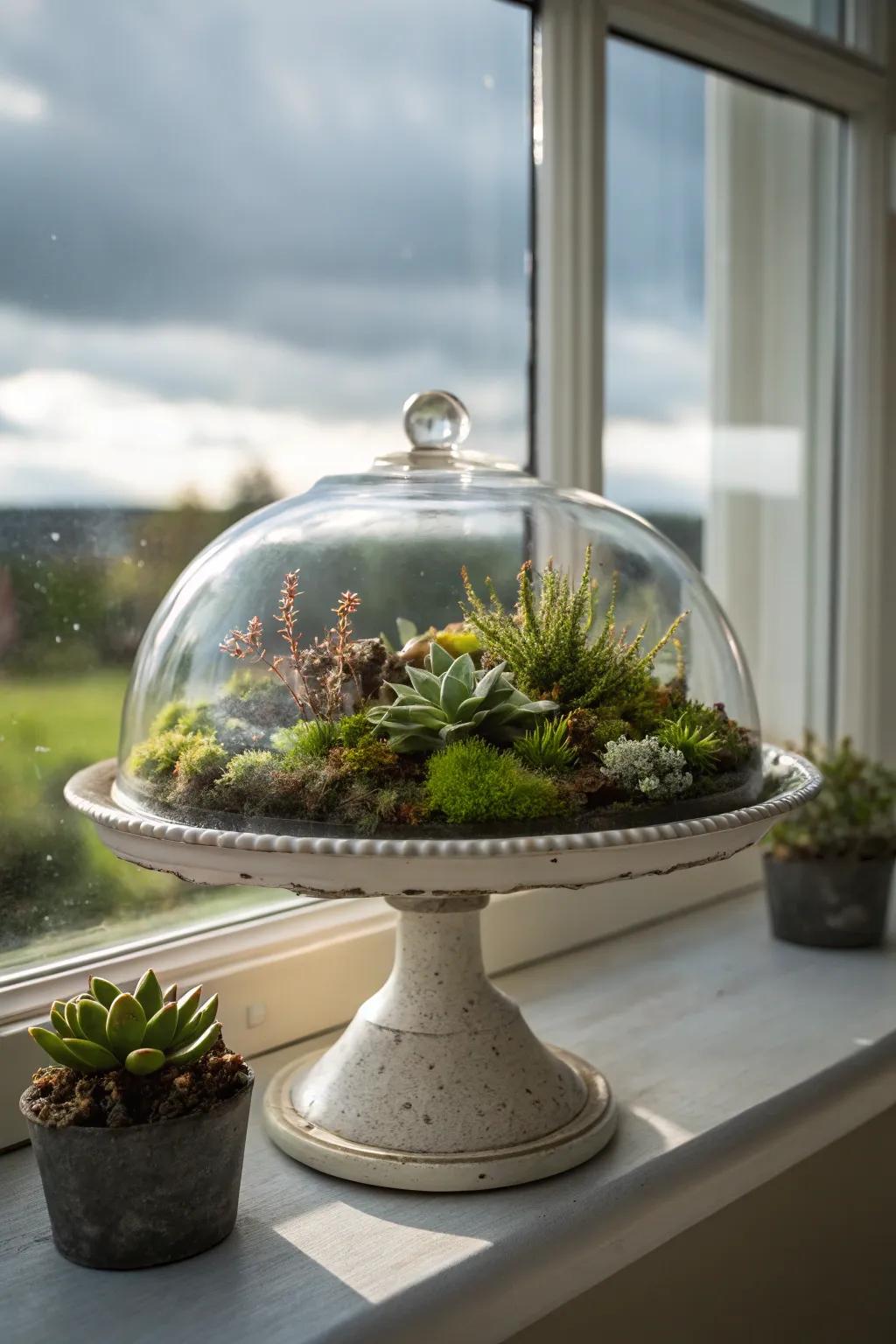 Incorporate natural elements like moss and succulents under a glass dome for a calming effect.