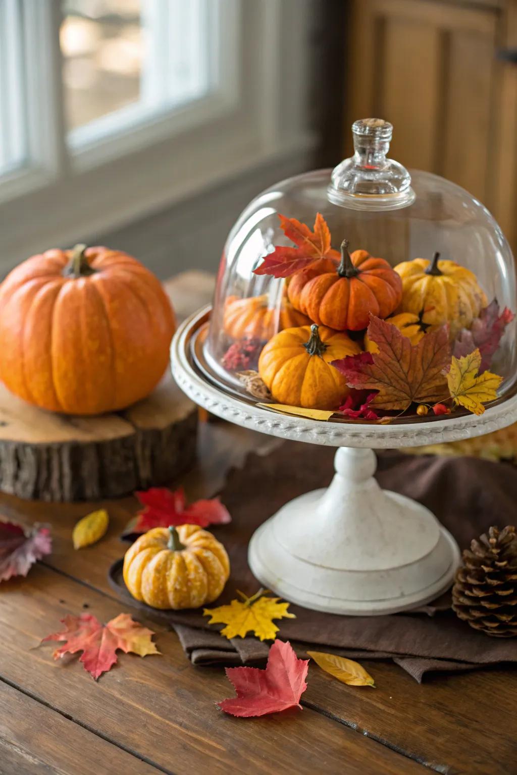 Celebrate the seasons with themed decorations under a glass dome.