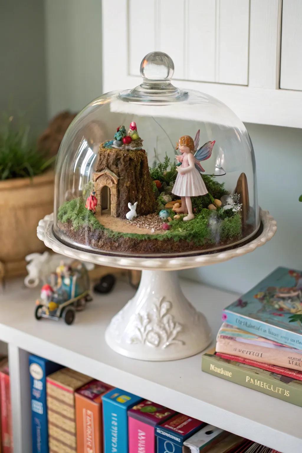Create a magical fairy tale scene under glass for a charming effect.