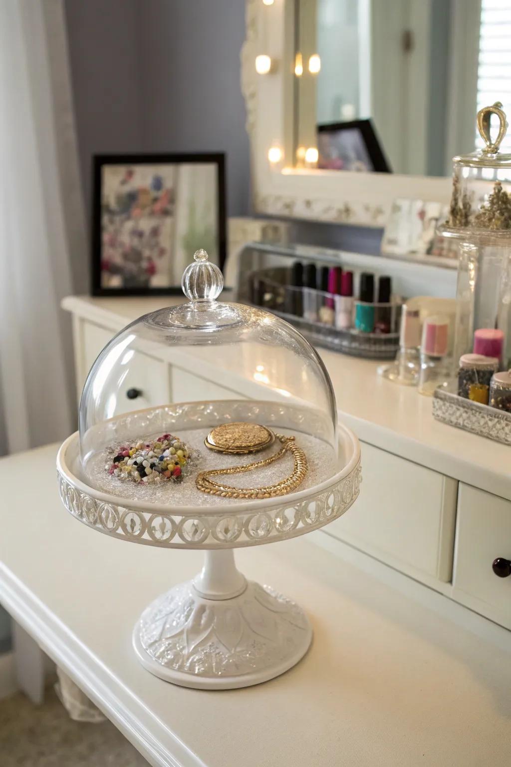 Showcase your jewelry elegantly under a glass dome.