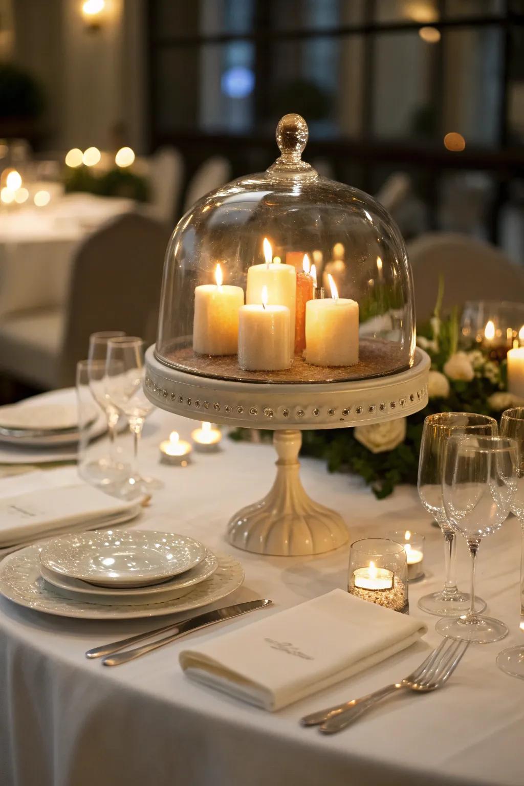 Set a romantic mood with a candlelit centerpiece under a glass dome.