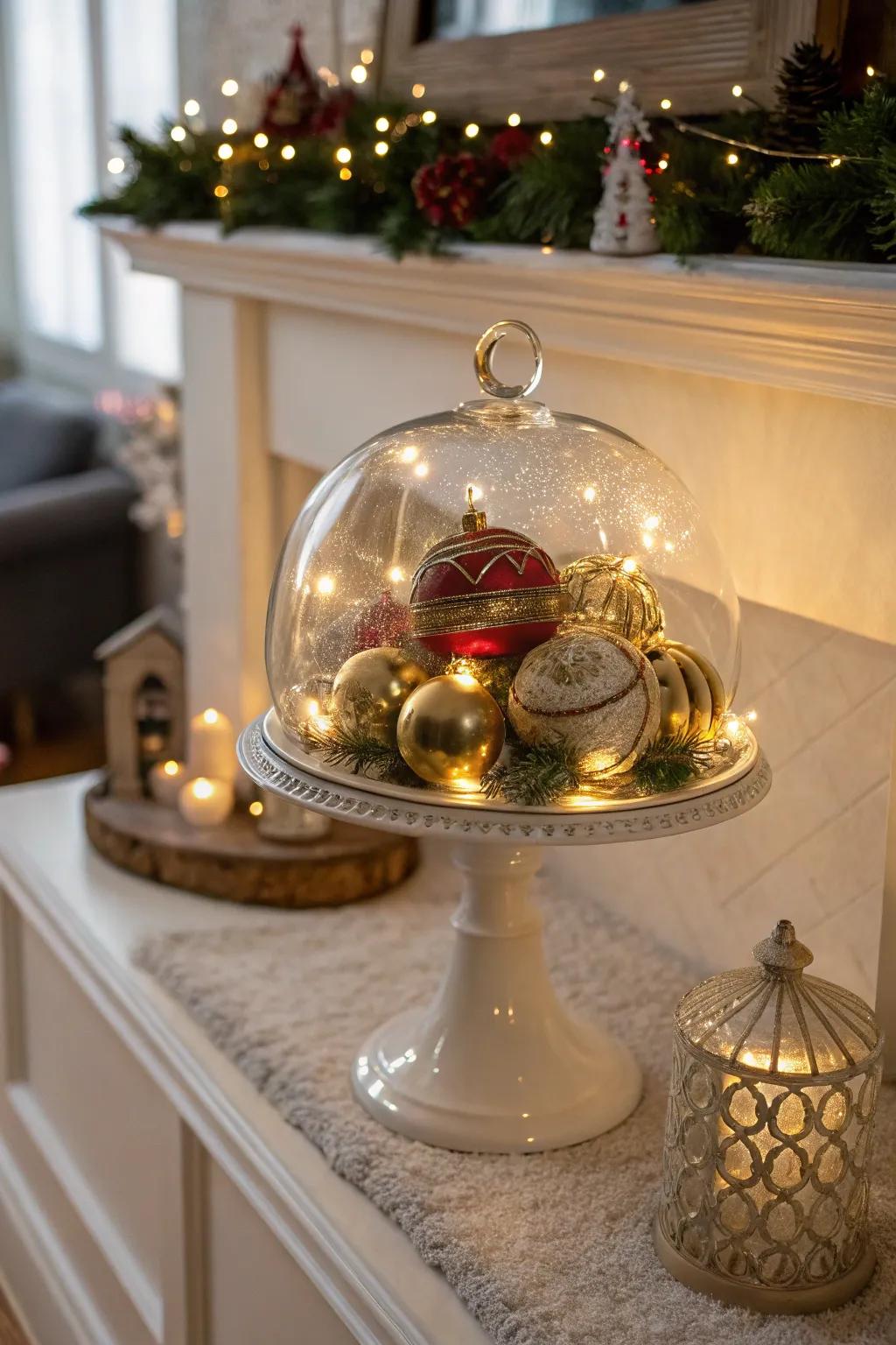 Celebrate holidays with themed decorations elegantly showcased under a dome.