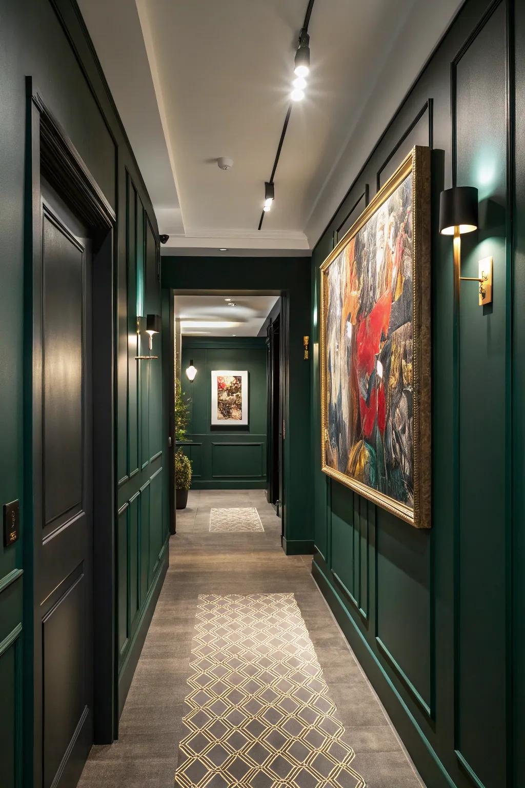 Unique artworks add personality to the forest green hallway.