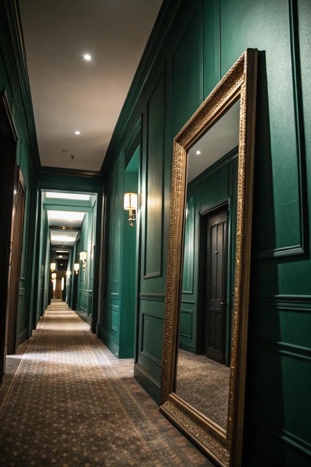 Reflective surfaces amplify light in the forest green hallway.