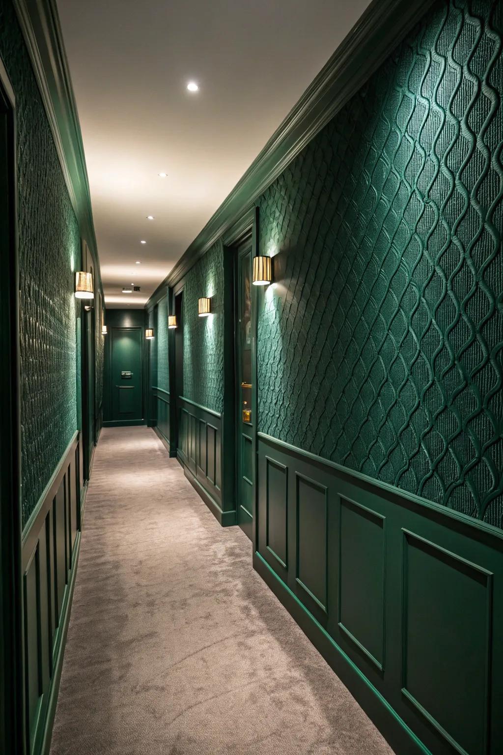 Textured walls create visual interest in the forest green hallway.