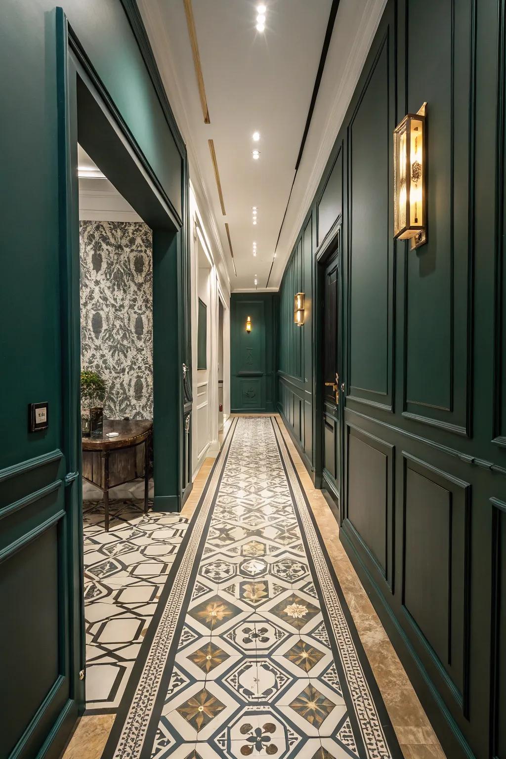 Geometric floor tiles add visual interest to the forest green hallway.