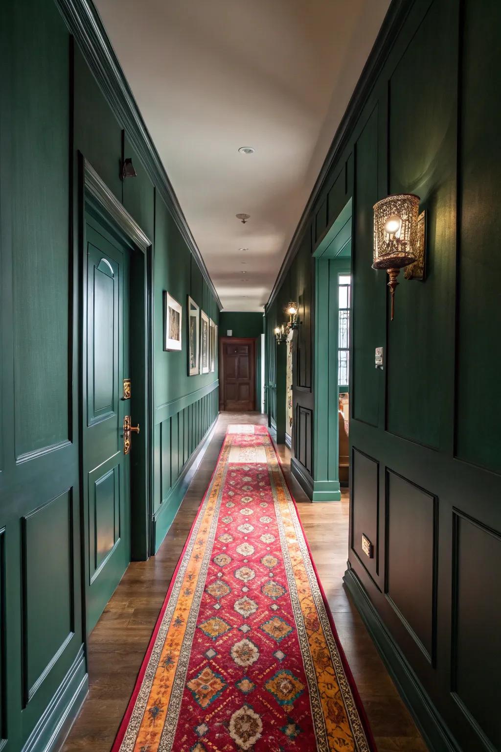 A colorful hallway rug softens the forest green walls.
