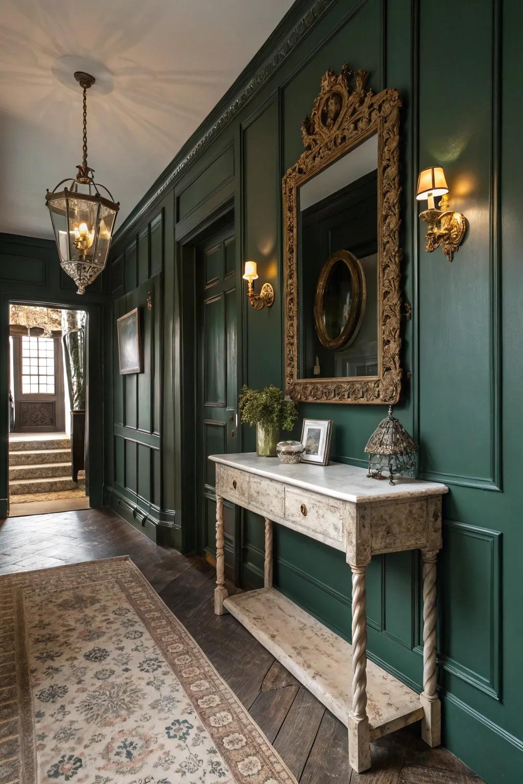 Reclaimed furniture adds charm and history to the hallway.