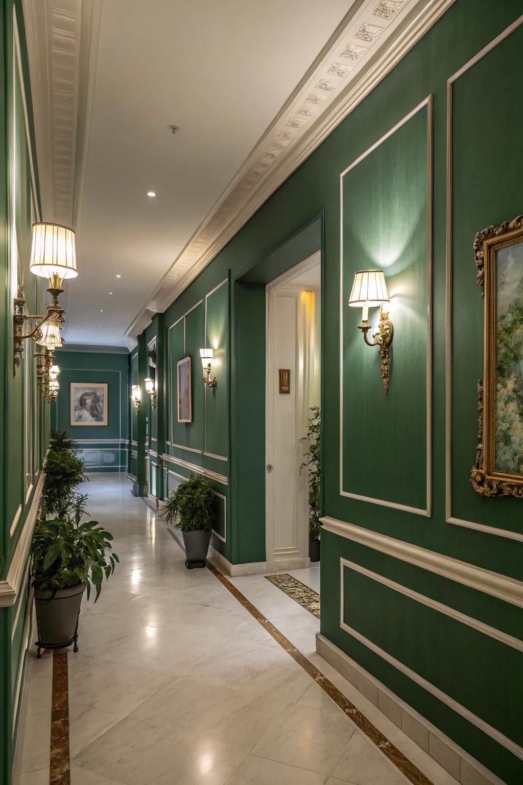 Deep green walls create a sophisticated hallway atmosphere.