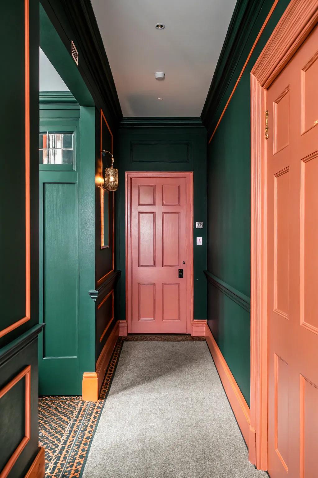 Bold color combinations add vibrancy to the hallway.