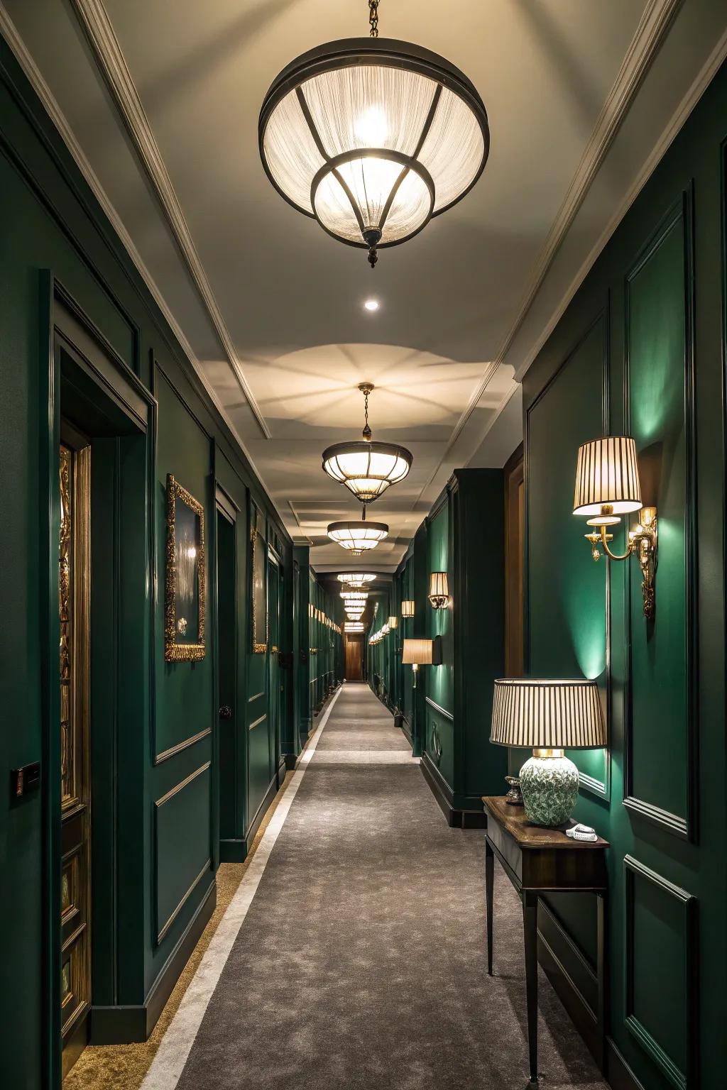 Layered lighting creates depth in the forest green hallway.