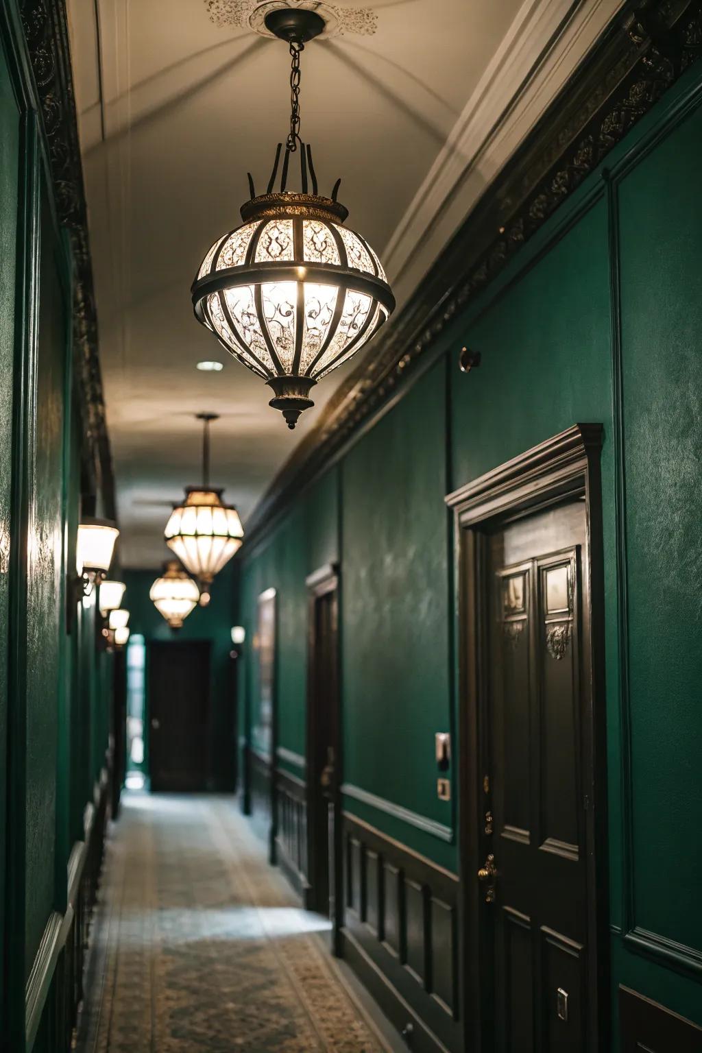 Pendant lights add elegance to the forest green hallway.